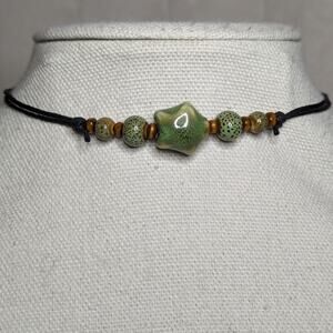 Handcrafted Green Ceramic Star Bead Necklace - Adjustable Cord